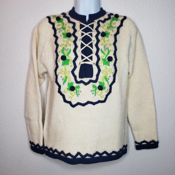 Vtg Tami Sz S Knit Wool Kitschy Embroidered Floral Lace-up Sweater (524) - Picture 1 of 7